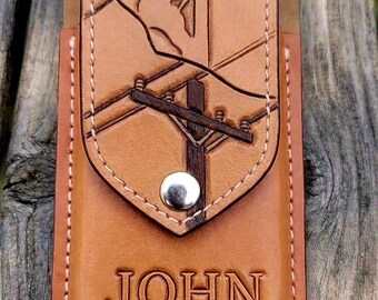 Personalized Leather Lineman Phone Holster • Custom Hand Stamped Utility Pole Sheath • Lineworker Gift • Engraved Name Phone Case Belt Loop
