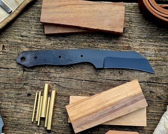 Linejunk hawksbill Full Tang Knife Making Kit, O1 Tool Steel Fixed Blade Blank, Crossdraw Leather Sheath, DIY Bladesmith Supplies