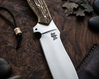 Handmade camping knife with horizontal leather sheath , Stag horn handle  , gift for him