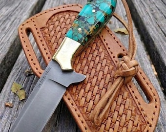 Handmade Cowboy Bull cutter knife with leather sheath , Turquoise Stone, Personalized Knife