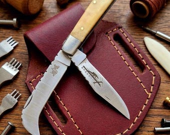 Handmade Lineman Splicing Pocket Knife Ram Horn Handle | Dual Blade Hawkbill and Straight Edge Folding Knife , gift for lineman