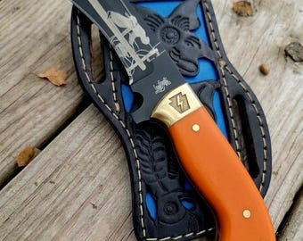 Handmade Lineman hawkbill Knife with Leather Sheath, 01 tool Steel Blade, gift for dad , lineman tool