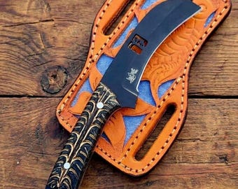 Handmade Lineman hawkbill Knife with Carved Leather Sheath, 01 tool Steel Blade, gift for dad