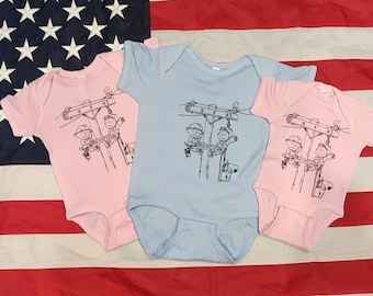 Snoopy lineman baby onesie , cute powerline utility worker infant babysuit