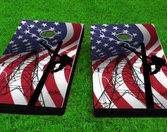 Lineman American Flag Cornhole Set, Power Pole Utility Worker Gift, Heavy Duty Tailgate Toss Game, Linejunk Pride Outdoor Game