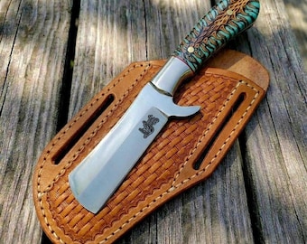 Handmade Cowboy Bull cutter knife with leather sheath , Personalized gift