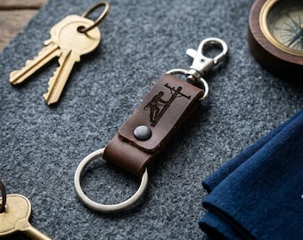 Personalized Lineman Leather Keychain, Custom Initials Laser Engraved Utility Pole Design, Electrician Gift, Handcrafted Rustic Key Fob