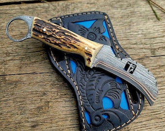 handmade Copper Damascus knife with Leather Sheath, Stag Horn handle , gift for Lineman