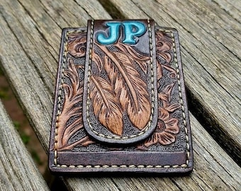 Gepersonaliseerde handgereedschap leren western geldclip portemonnee | Gepersonaliseerde cowboykaarthouder | Op maat gemaakte minimalistische portemonnee met bloemengravure