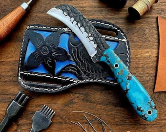 Handmade Lineman hawkbill Knife with Carved Leather Sheath, 01 tool Steel Blade, gift for dad ,He-man , masters of universe