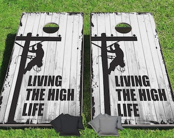 Lineman American Flag Cornhole Set, Power Pole Utility Worker Gift, Heavy Duty Tailgate Toss Game Linejunk 24x48 with 8 Regulation 16oz Bags