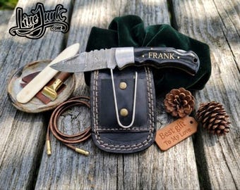 Personalized gift Damascus Steel Folding Knife, Custom Engraved Handle, Leather Sheath Included , gift for him