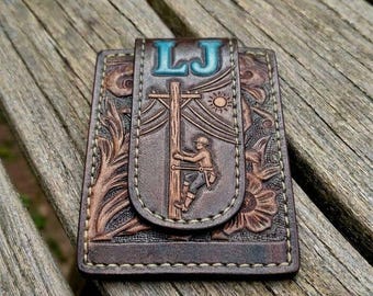 Personalized Hand Tooling Leather Western Money Clip Wallet | Personalized Lineman Card Holder | Custom Floral Engraved Minimalist Wallet