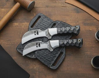 Handmade Lineman hawkbill Knife with Carved Leather Sheath, 01 tool Steel Blade, gift for dad