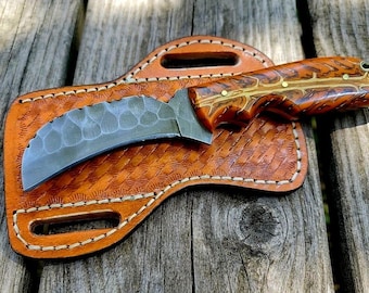 Handmade Lineman hawkbill Knife with Leather Sheath, 01 tool Steel Blade, gift for dad