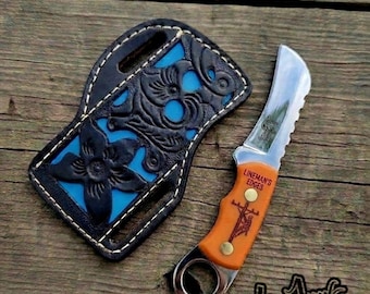 Handmade Lineman hawkbill Knife with Leather Sheath, 01 tool Steel Blade, gift for dad