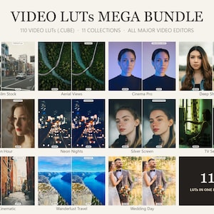 May include: A digital product display titled VIDEO LUTs MEGA BUNDLE featuring 110 video LUTs in .CUBE format across 11 collections. The graphic shows before and after comparisons of various video color grading styles including film, aerial, and portrait.