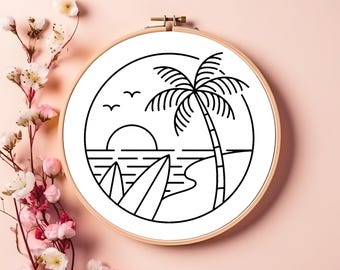 Modello per ricamo a mano su telaio con soggetto "Surfboard Surfing on the Beach Ocean" - Download digitale in PDF