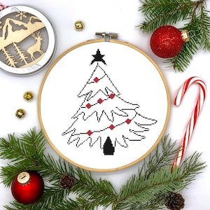 Christmas Tree Black White Red Counted Cross Stitch Pattern - PDF Digital Download