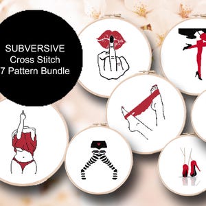 Könnte beinhalten: Eine Sammlung von sieben Kreuzstichmustern in Stickrahmen. Die Designs zeigen schwarze und rote Illustrationen von Lippen, Mittelfingern, Beinen und Dessous. Der Text "SUBVERSIVE Cross Stitch 7 Pattern Bundle" ist zu sehen.