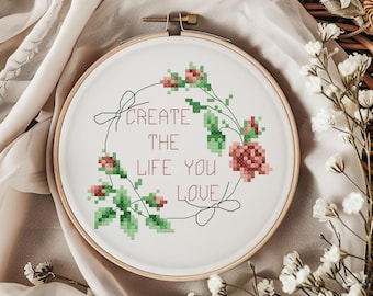 Citazione motivazionale "Crea la vita che ami" - Schema punto croce - Download digitale PDF