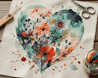 Schema punto croce con fiori di cuore e fiori di campo - Download digitale PDF