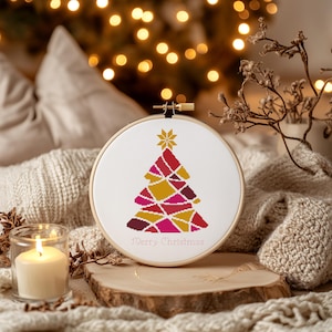 Christmas Tree Pink Red Orange Holiday Winter Counted Cross Stitch Pattern - PDF Digital Download