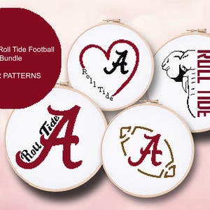 May include: Four embroidery hoop patterns with the text "Alabama Roll Tide Football Bundle". Each hoop features a different design, including a heart, the letter "A", an elephant, and a football shape, all in crimson and black.