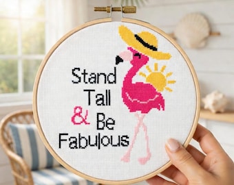 Schema per punto croce con fenicottero rosa – Citazione "Stand and be Fabulous" (Download digitale)