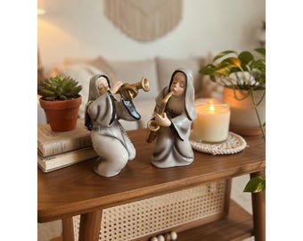 TWO VINTAGE Napco 1956 Japan Catholic Nun Playing Instruments Saxophone Trumpet