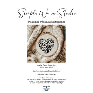 May include: A cross-stitch embroidery hoop featuring a black tree design in the shape of a heart. The text "Simple Wave Studio" and "The original modern cross stitch shop" are displayed at the top. The design area is 89w X 87h stitches.