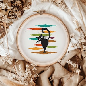 Patrón de punto de cruz contado de arte de mediados de siglo: Gato negro atómico - Descarga digital en PDF