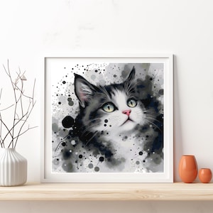 Black & White Cat Watercolor Full Cover Counted Cross Stitch Pattern - PDF Digital Download