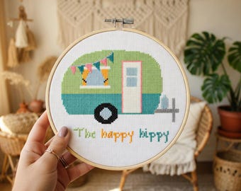 The Happy Hippy RV Camping Camper Camp Counted Cross Stitch Pattern - PDF Digital Download
