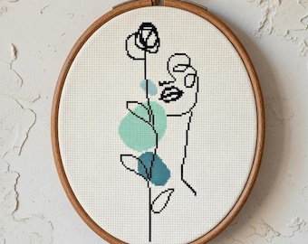 Schema punto croce con motivo floreale astratto blu Boho - Download digitale PDF