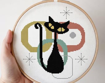 Schema punto croce "Gatto nero atomico" di metà secolo - Download digitale PDF