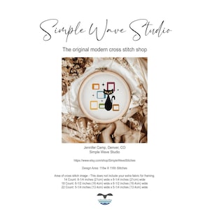 May include: A cross-stitch hoop featuring a black cat with a geometric design in orange, blue, green, and purple. The text "Simple Wave Studio" and "The original modern cross stitch shop" are at the top.