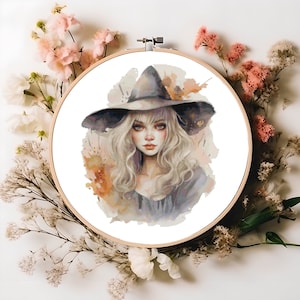 Halloween Pretty Witch Counted Cross Stitch Pattern - PDF Digital Download