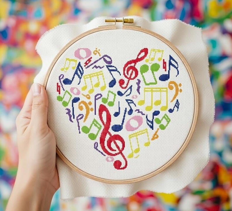 Musical Note Hoop Rainbow Music Notes Heart Cross Stitch Pattern - Colorful Silhouette ...