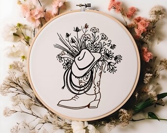 Modello per ricamo a mano su telaio con stivali e cappello da cowboy e fiori selvatici - Download digitale in PDF