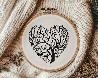 Schema punto croce con motivo albero della vita in un cuore, motivo nero - PDF digitale da scaricare