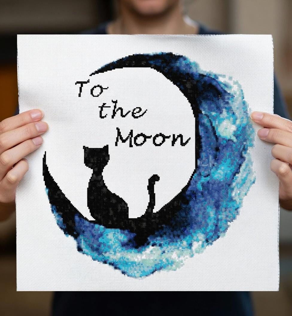Black Cat to the Moon Counted Cross Stitch Pattern - PDF Digital ...