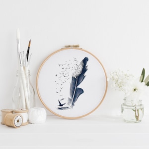 Birds Flying out of Blue Feather Counted Cross Stitch Pattern - PDF Digital Download