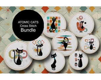 12 PATTERN BUNDLE - Mid Century Atomic Black Cat Counted Cross Stitch Patterns