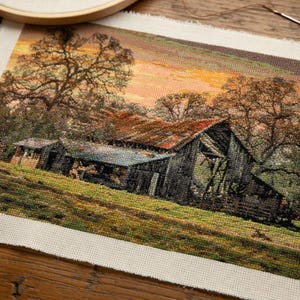 Rustic Old Barn at Sunset Full Cover Counted Cross Stitch Pattern - PDF Digital Download