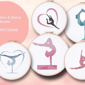 May include: A bundle of five embroidery patterns featuring gymnastics and dance poses. Each design is displayed in a wooden hoop. The designs include silhouettes of gymnasts and dancers in various poses, with a pink background.