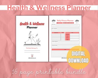 May include: A printable health and wellness planner with a pink and white color scheme. The cover features a woman running on a treadmill. The text "Health & Wellness Planner" is in a bold, black font. The text "Digital Download" is in a white font on a yellow circle with a red outline. The text "16 page printable bundle" is in a black font.