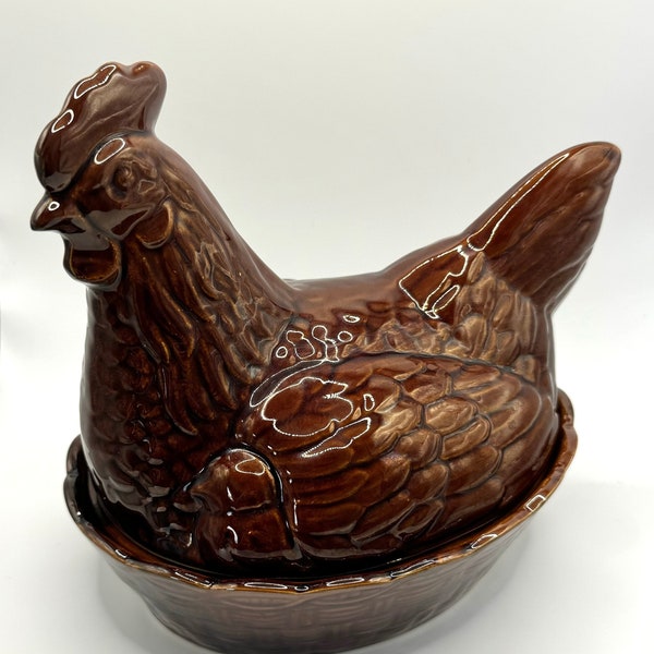 Large brown pottery chicken egg holder, hen egg crock, vintage brown chicken egg basket, storage dish