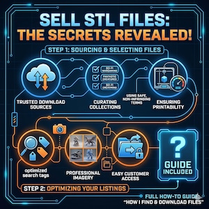 May include: A digital graphic with a dark blue background and orange and white text. The text reads "Sell STL Files: The Secrets Revealed!" and details steps for sourcing, selecting, and optimising STL files for 3D printing.