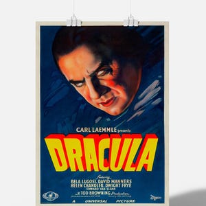 May include: A vintage movie poster for the film "Dracula" featuring Bela Lugosi as Dracula. The poster is red, yellow, and blue with a dark blue background. The title "Dracula" is in large, bold, red letters. The poster also features the names of the actors and the director.